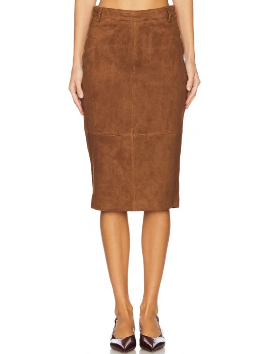 Knee Length Tan Suede Leather Skirt