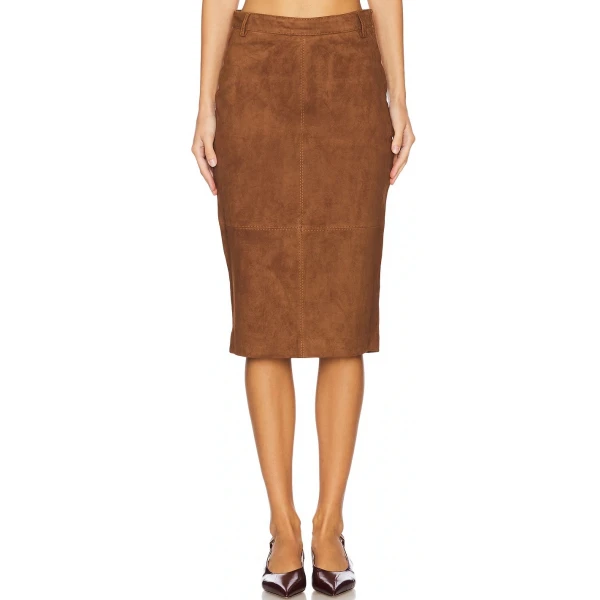 Knee Length Tan Suede Leather Skirt