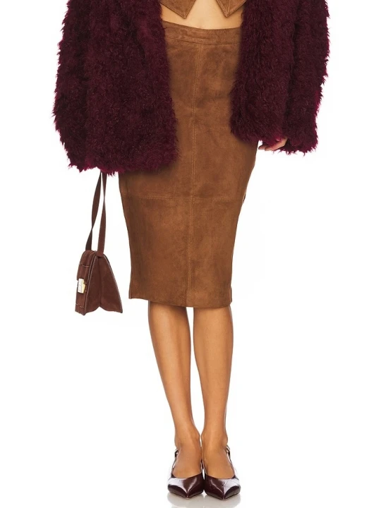 Knee Length Tan Suede Leather Skirt