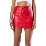 Lace Up Detailing Red Leather Mini Skirt
