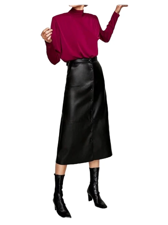 Ladies High Waist Long Maxi Black Leather Skirt