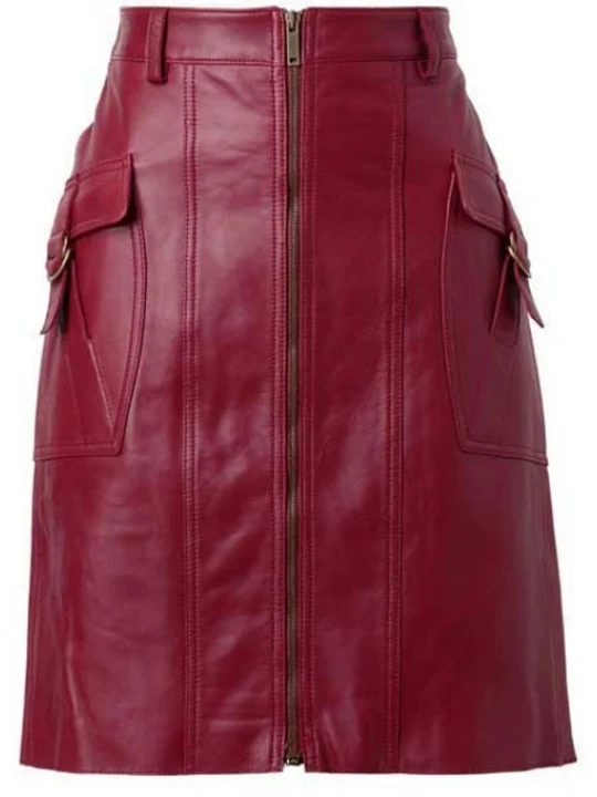 Maroon Leather Skirt With Flap Pockets