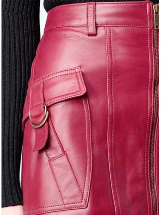 Maroon Leather Skirt With Flap Pockets