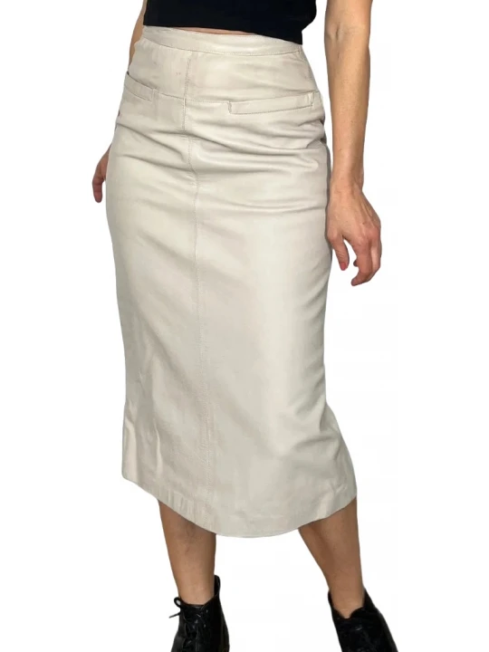 Off White Leather Pencil Skirt With Pockets