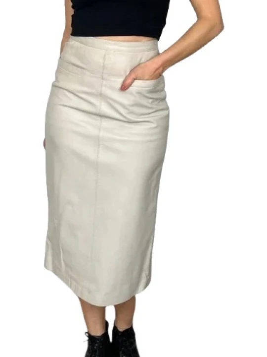 Off White Leather Pencil Skirt With Pockets