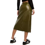 Olive Green Leather Button Down Cargo Midi Skirt