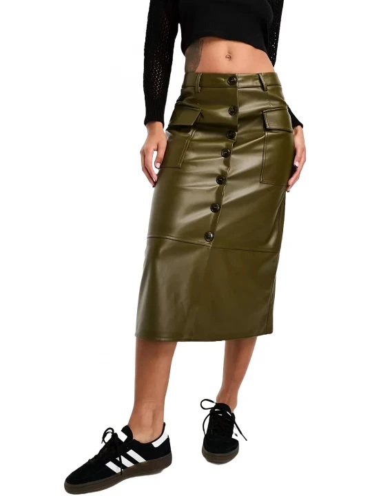 Olive Green Leather Button Down Cargo Midi Skirt