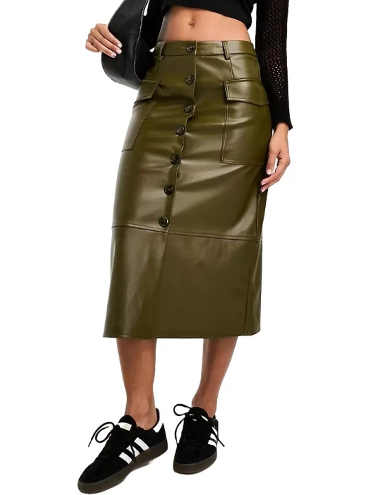 Olive Green Leather Button Down Cargo Midi Skirt