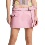 Pink Studded Leather Belted Mini Skirt
