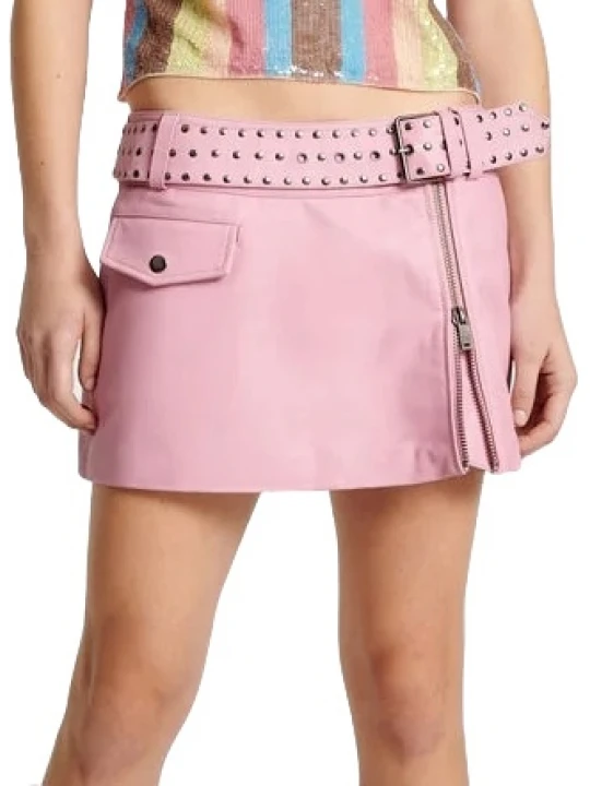 Pink Studded Leather Belted Mini Skirt