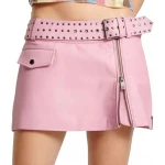 Pink Studded Leather Belted Mini Skirt