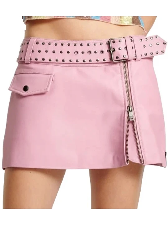 Pink Studded Leather Belted Mini Skirt