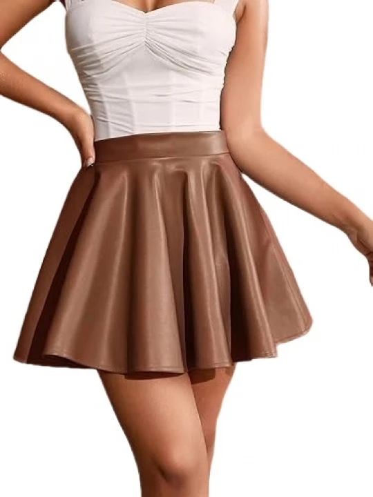 Pleated Brown Leather Mini Skirt