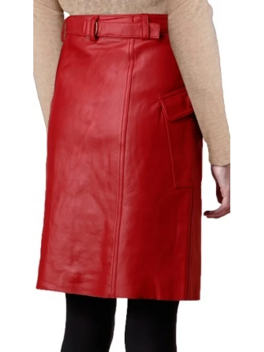 Red Leather Skirt With Flap Pockets
