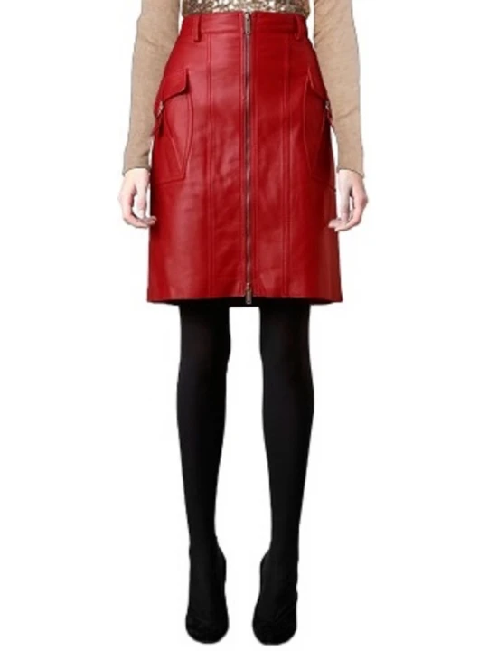 Red Leather Skirt With Flap Pockets