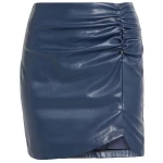 Ruched Navy Blue Leather Mini Skirt