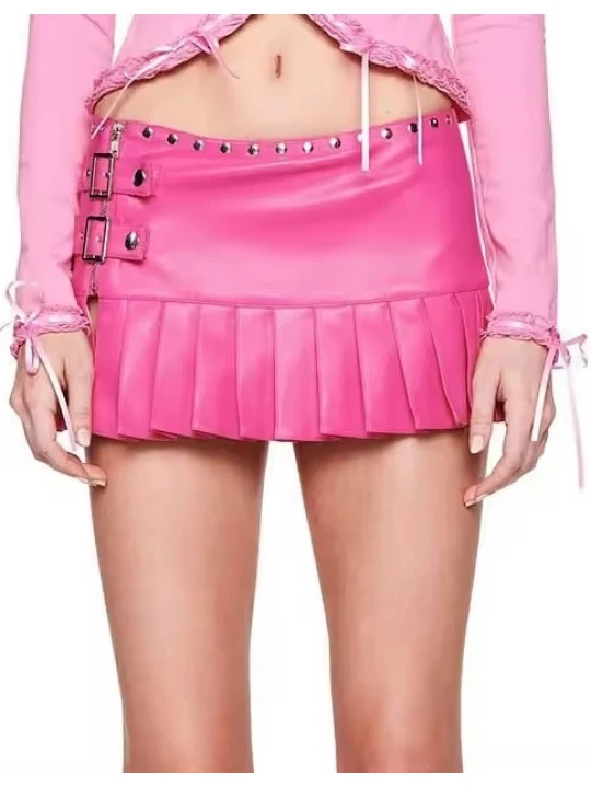 Side Buckle Straps Pink Leather Mini Skirt