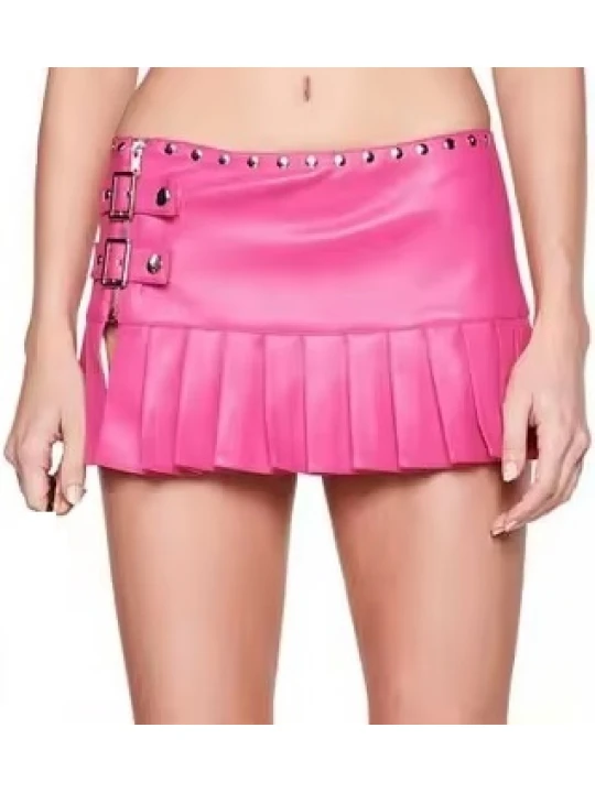 Side Buckle Straps Pink Leather Mini Skirt