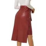 Side Button Decor Burgundy Leather Skirt