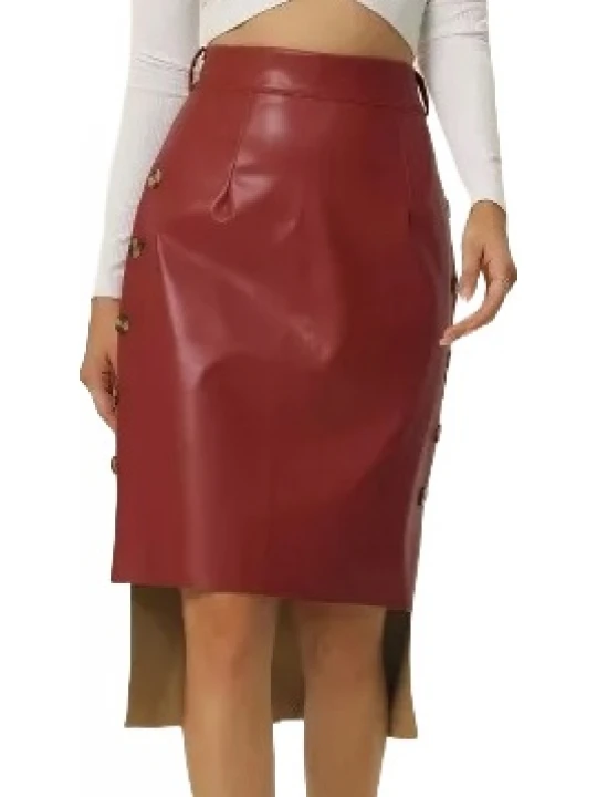 Side Button Decor Burgundy Leather Skirt