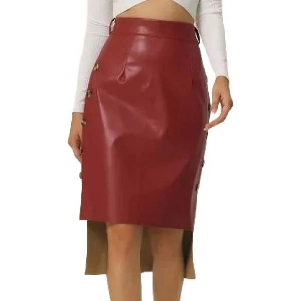 Side Button Decor Burgundy Leather Skirt