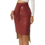 Side Button Decor Burgundy Leather Skirt