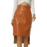 Side Button Decor Camel Leather Skirt