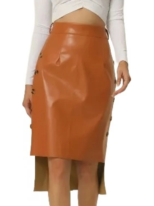 Side Button Decor Camel Leather Skirt