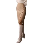Slit Beige Leather Midi Skirt