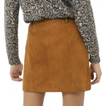 Snap Button Front Camel Suede Leather Mini Skirt