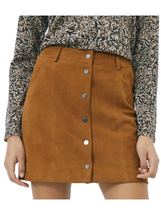 Snap Button Front Camel Suede Leather Mini Skirt