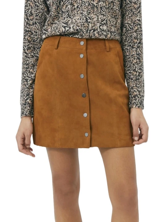 Snap Button Front Camel Suede Leather Mini Skirt