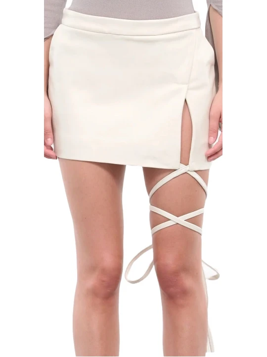 Straps Details Cream Leather Mini Skirt