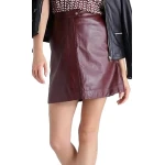 Stud Button Closure Burgundy Leather Mini Skirt