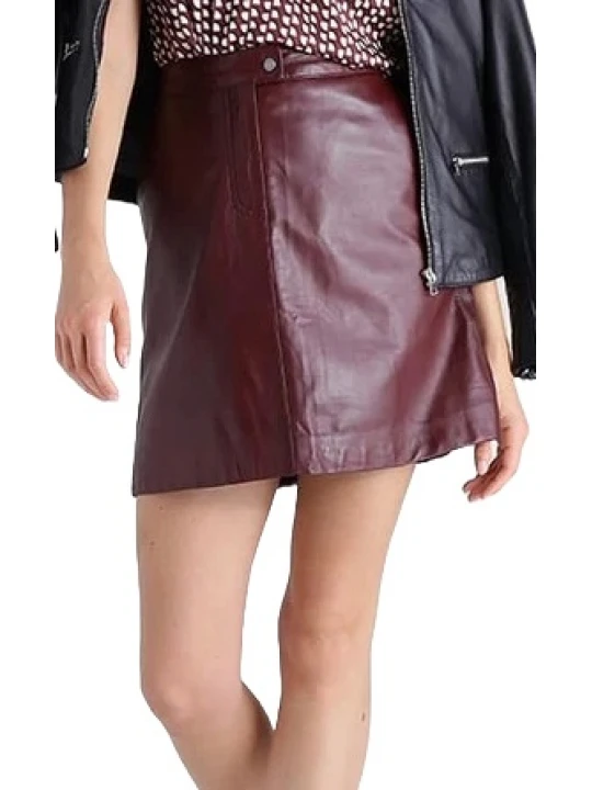 Stud Button Closure Burgundy Leather Mini Skirt