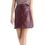 Stud Button Closure Burgundy Leather Mini Skirt