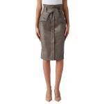 Stud Button Front Brown Leather Skirt