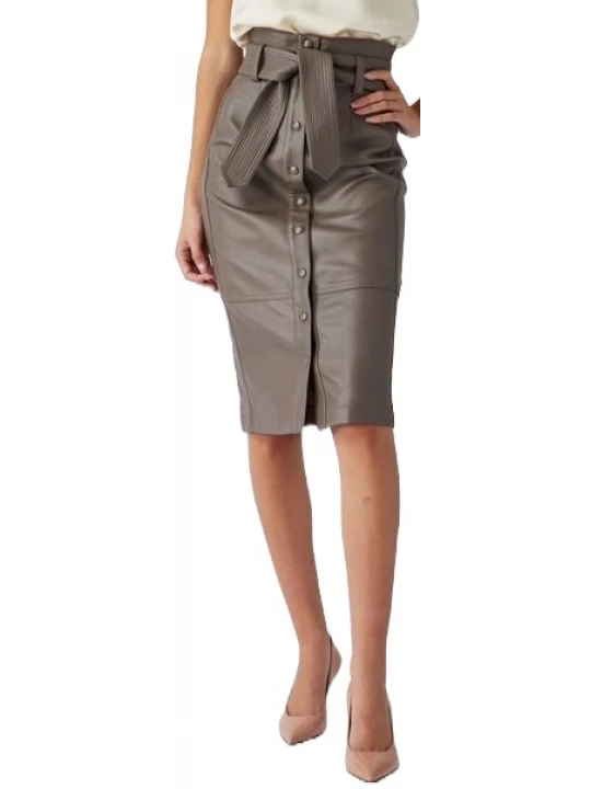 Stud Button Front Brown Leather Skirt