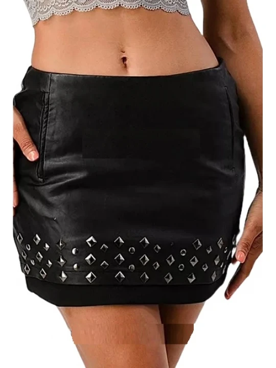 Studded Black Leather Mini Skirt