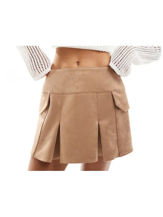 Suede Leather Pleated Mini Skirt In Beige