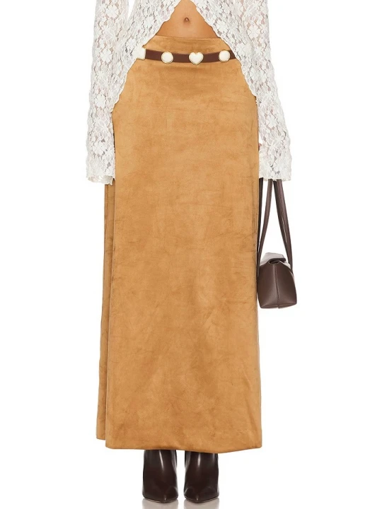 Tan Suede Leather Maxi  Skirt