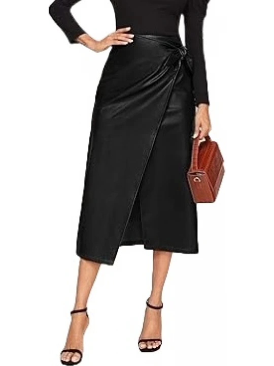 Tie Knot Wrap Black Leather Midi Skirt