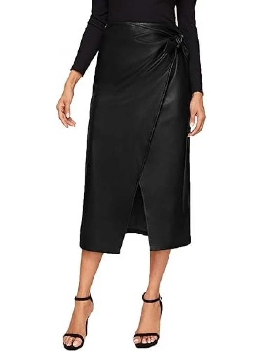 Tie Knot Wrap Black Leather Midi Skirt