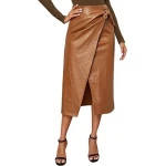 Tie Knot Wrap Brown Leather Midi Skirt