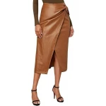 Tie Knot Wrap Brown Leather Midi Skirt