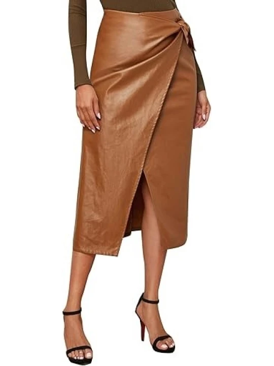Tie Knot Wrap Brown Leather Midi Skirt