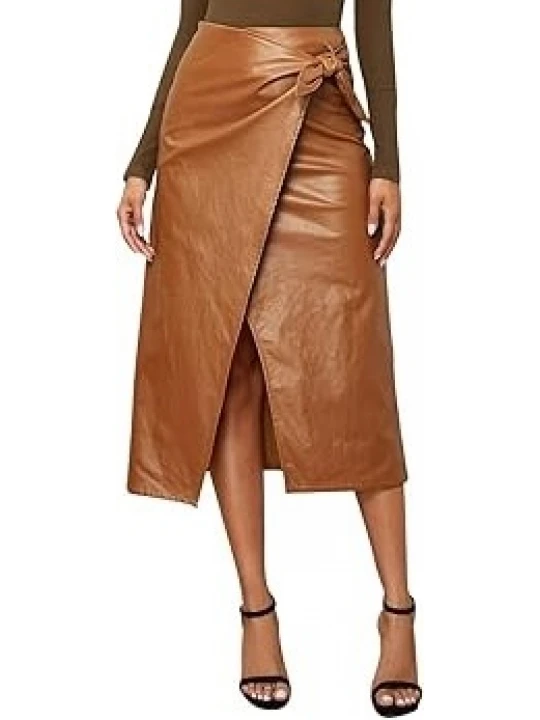 Tie Knot Wrap Brown Leather Midi Skirt