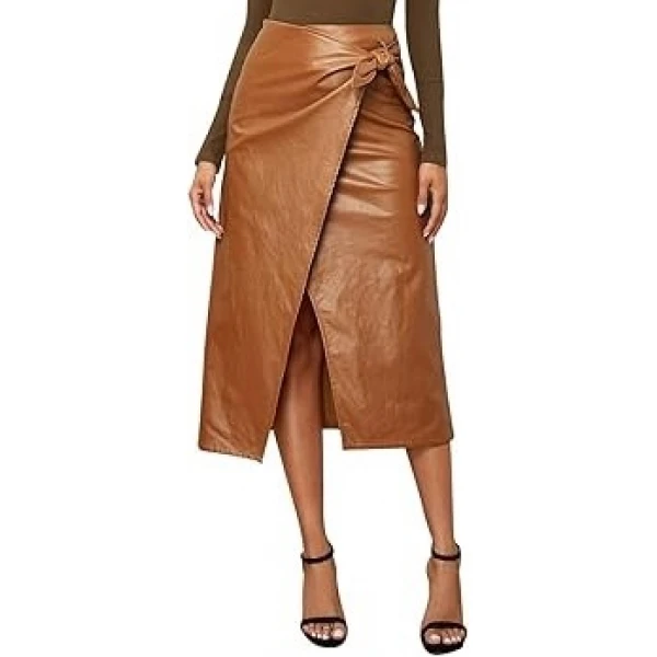 Tie Knot Wrap Brown Leather Midi Skirt