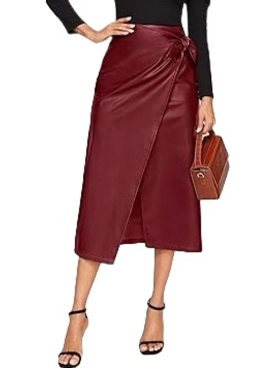 Tie Knot Wrap Burgundy Leather Midi Skirt