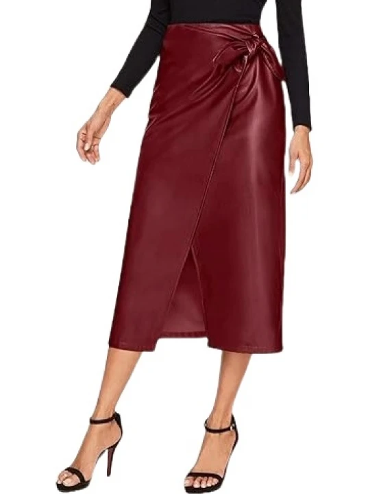 Tie Knot Wrap Burgundy Leather Midi Skirt